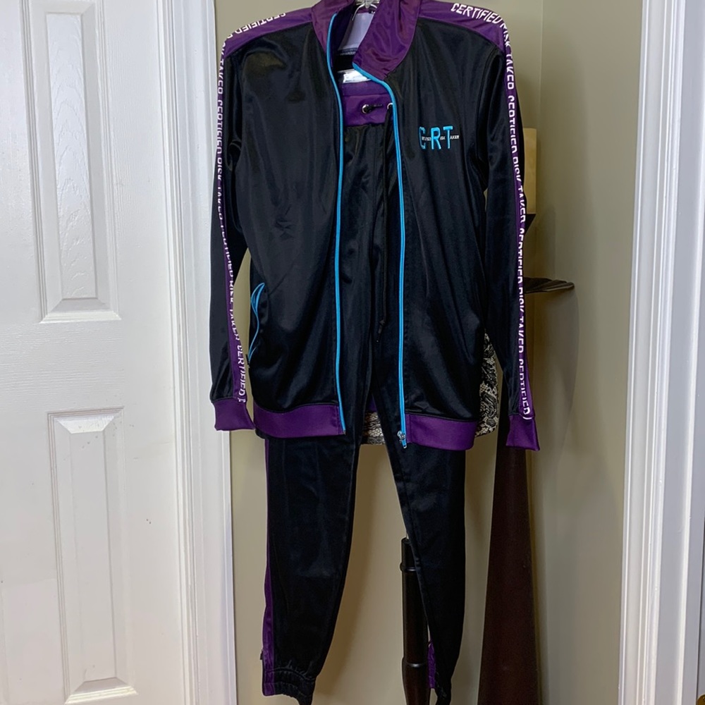 EUC CRT 2 Pc Black/Purple/Aqua Jogging Suit, M